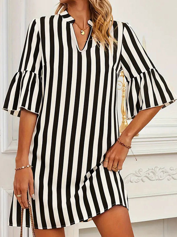 Contrast Color Pleated Split-Joint Striped A-Line Flared Sleeves V-Neck Mini Dresses