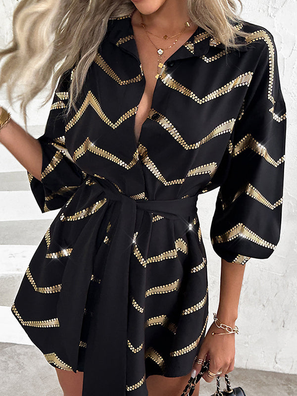 Buttoned Elasticity Striped Tied Waist Long Sleeves Loose Lapel Shirt Dress Mini Dresses