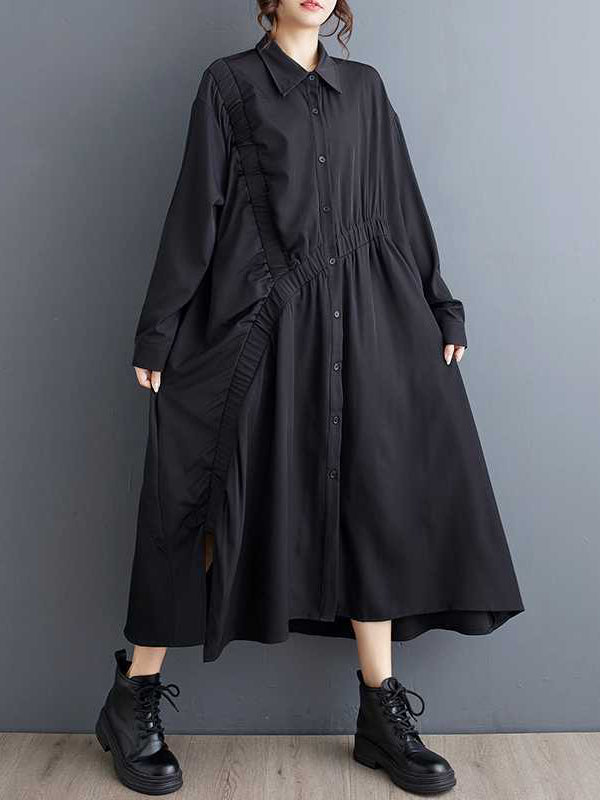 Asymmetric Buttoned Elasticity Pleated Pockets Solid Color A-Line Long Sleeves Lapel Shirt Dress Midi Dresses