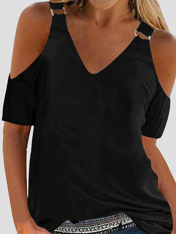 Solid Color Split-Joint Loose Short Sleeves Cold shoulder T-Shirts Tops