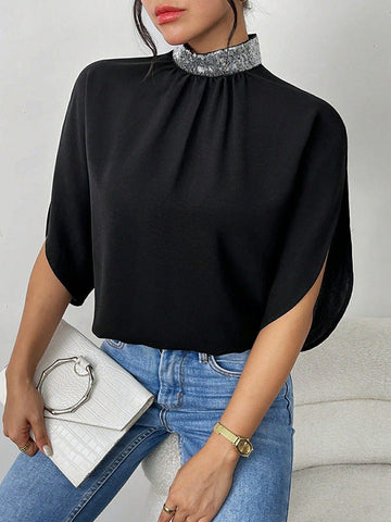 Sequined Solid Color Half Sleeves Loose High Neck Blouses&shirts Tops