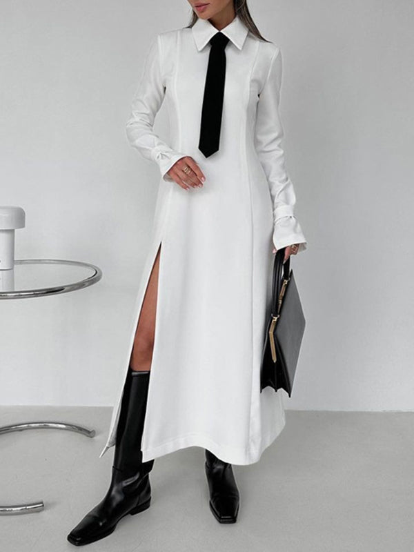 Buttoned Solid Color Split-Joint Split-side A-line Flared Sleeves Lapel Shirt Dress Maxi Dresses