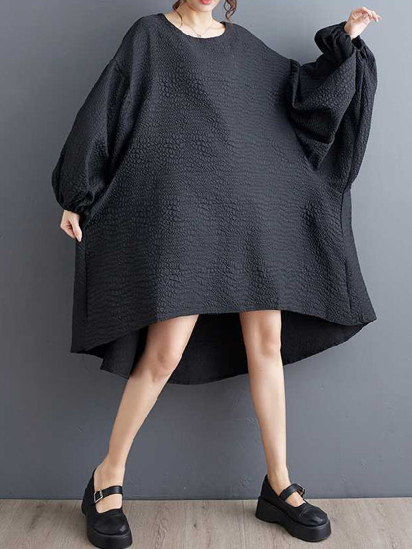 Elasticity Solid Color Split-Joint High-Low Long Sleeves Round-Neck Midi Dresses