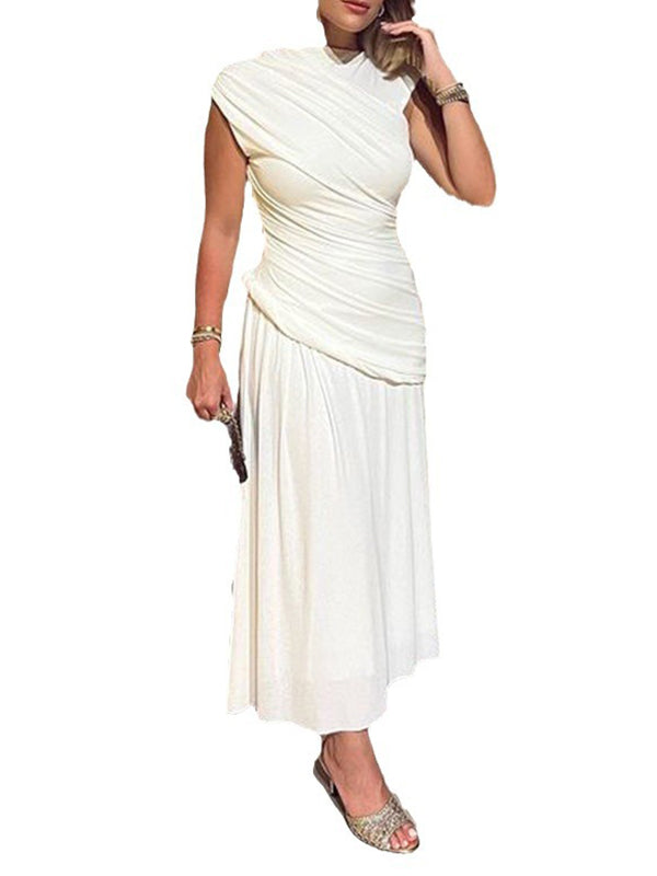 Asymmetric Pleated Solid Color Split-Joint Zipper High Waisted Skinny Boat Neck Maxi Dresses