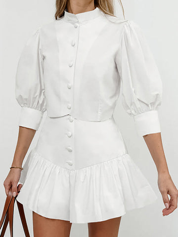 Loose Buttoned Pleated Half Sleeves Solid Color Split-Joint Stand Collar Blouses Top +  Skirts Bottom Two Pieces Set