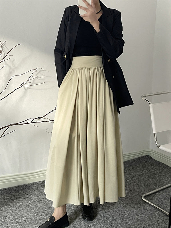 Pleated Solid Color Split-Joint A-Line High Waisted Skirts Bottoms