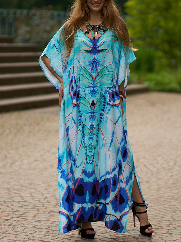 Butterfly Print Split-side Batwing Sleeves Loose V-neck Maxi Dresses Beach Cover-Up