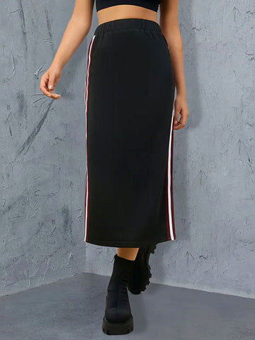 Contrast Color Elasticity Pleated Split-back Split-Joint Striped High Waisted Loose Skirts Bottoms