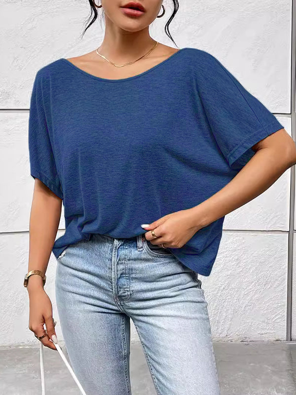 Backless Pleated Solid Color Split-Joint Batwing Sleeves Loose Round-Neck T-Shirts Tops