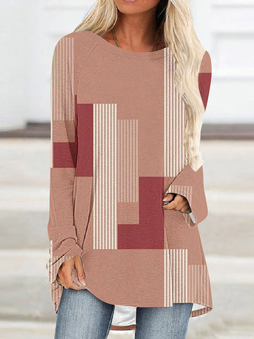 Contrast Color Printed Striped High-Low Long Sleeves Round-Neck T-Shirts Tops