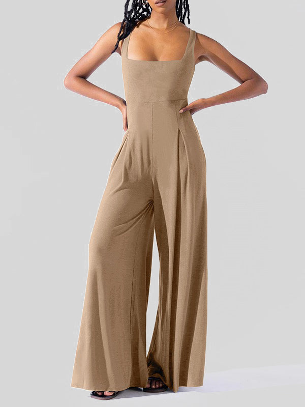 Pleated Solid Color Loose Sleeveless Spaghetti-Neck Jumpsuits