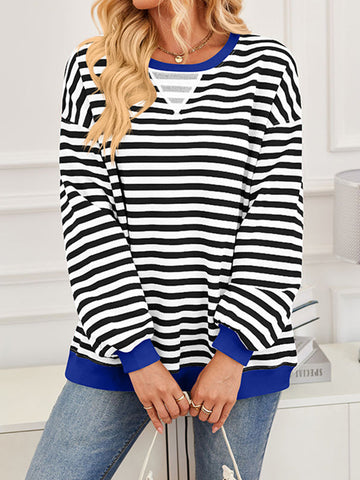 Contrast Color Split-Joint Striped Long Sleeves Loose Round-Neck Sweatshirt Tops