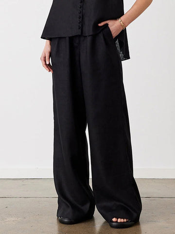 Pockets Pure Color High Waisted Relaxed Fit Trousers Pants