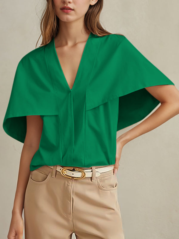 Pleated Solid Color Split-Joint Capelet Loose V-neck Blouses&shirts Tops