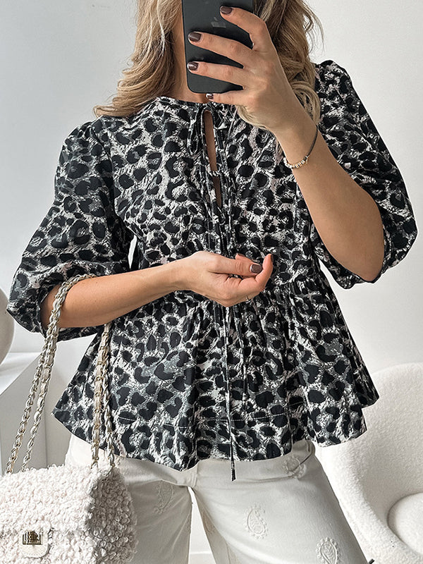 Elasticity Leopard Pleated Split-Joint Tied Half Sleeves Loose Round-Neck Blouses&Shirts Tops