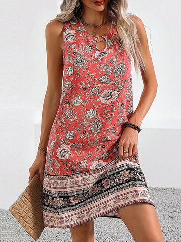 Flower Print Hollow A-Line Loose U-Neck Mini Dresses