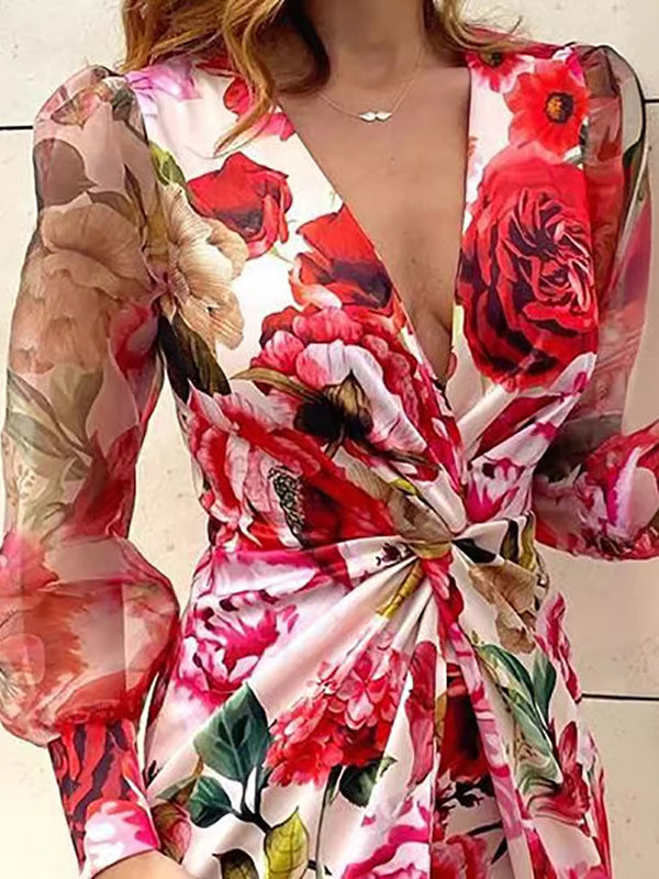 Flower Print Knot Mesh Split-Joint Bodycon Long Sleeves Deep V-Neck Mini Dresses