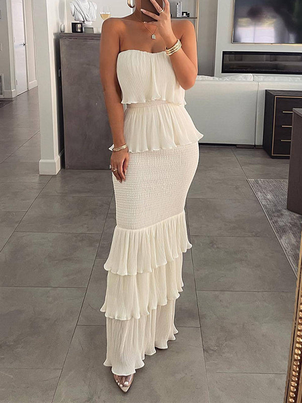 Elasticity Pleated Split-Joint Bodycon Sleeveless Tube Maxi Dresses