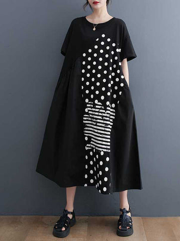 Asymmetric Pockets Polka-Dot Split-Joint A-Line Loose Round-Neck Midi Dresses