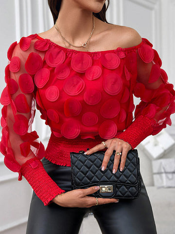 Polka-Dot Solid Color Long Sleeves Loose Off-The-Shoulder Blouses&Shirts Tops