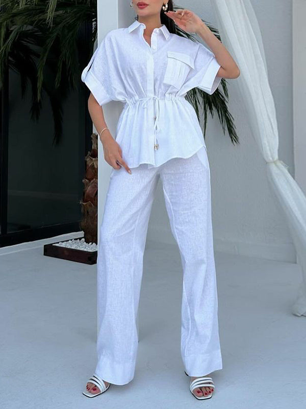 Loose Drawstring Split-Joint Tied Waist Lapel Blouse + High Waisted Pants Trousers Two Pieces Set