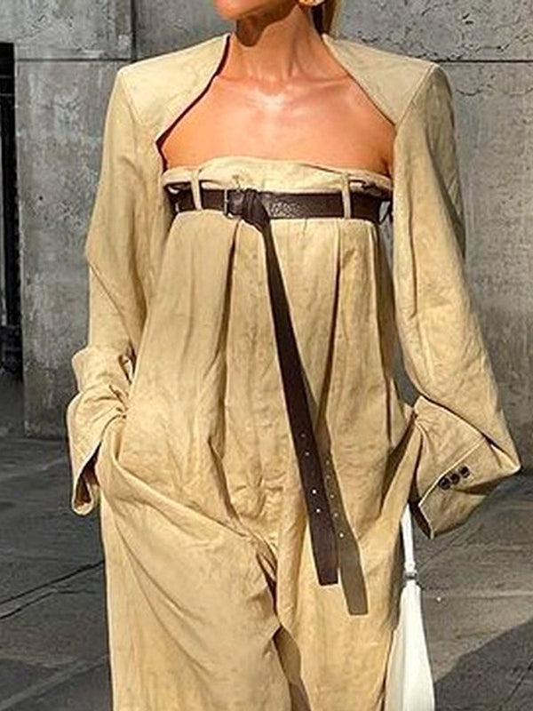 Long Sleeves Buttoned Collarless Outerwear Top + Wide Leg Belted Jumpsuits Two Pieces Set