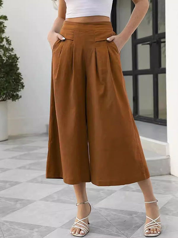 Pleated Pockets Solid Color Split-Joint Flared Pants High Waisted Trousers Ninth Pants