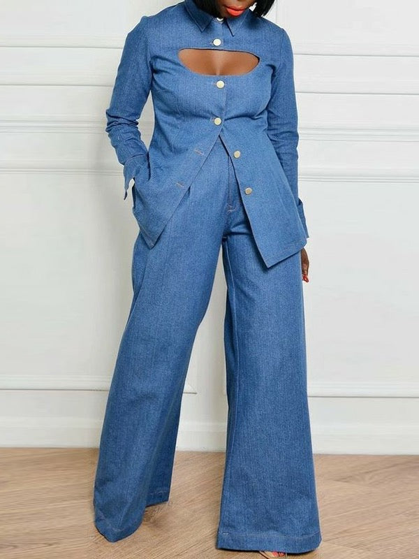 Pockets Solid Color High Waisted Loose Lapel Jean Pants Bottoms