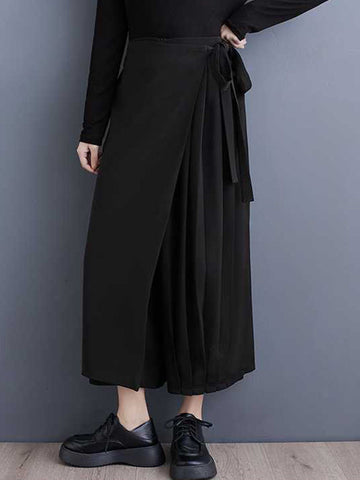 Asymmetric Elasticity Solid Color Tied Waist False Two High Waisted Ninth Pants Culotte