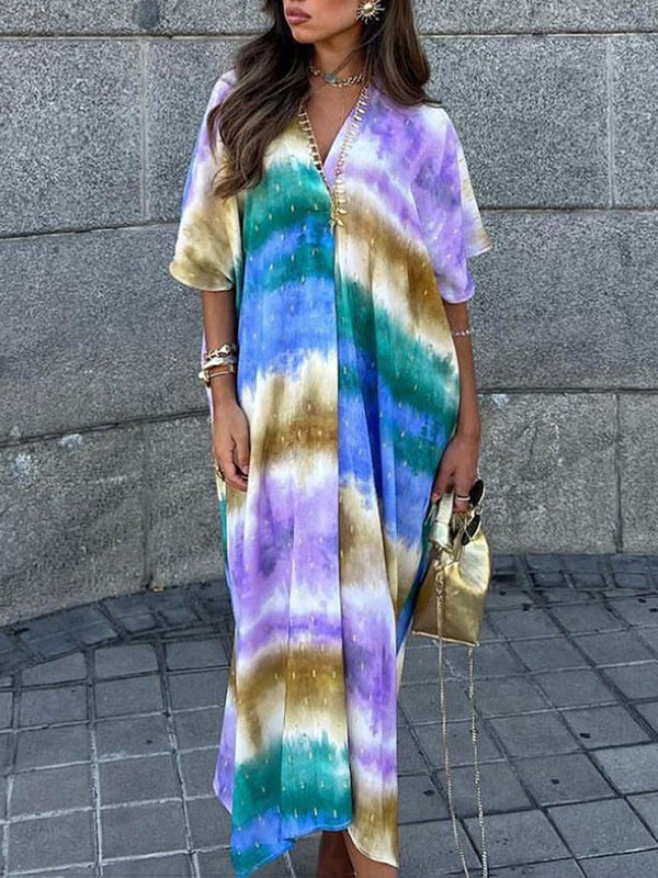 Printed Loose Raglan Sleeve V-neck Maxi Dresses