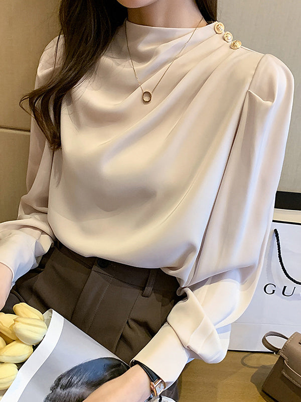 Pleated Split-Joint Loose Puff Sleeves High Neck Blouses&shirts Tops