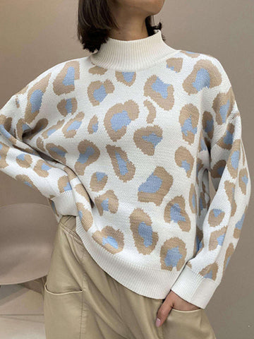 Leopard Long Sleeves Loose Mock Neck Sweater Tops Pullovers