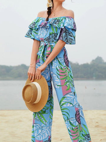 Elasticity Leaves Print Ruffled Tied Waist Half Sleeves Relaxed Fit Off-The-Shoulder Jumpsuits