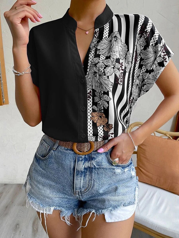 Buttoned Contrast Color Flower Print Striped Loose Short Sleeves V-Neck Blouses&Shirts Tops