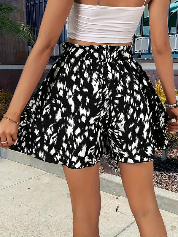 Drawstring Elasticity Printed Split-Joint High Waisted Loose Shorts