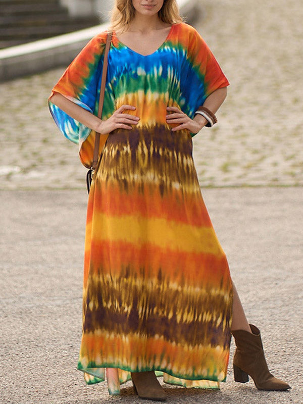 Split-Side Tie-Dyed Batwing Sleeves Loose V-Neck Maxi Dresses Beach Cover-Up