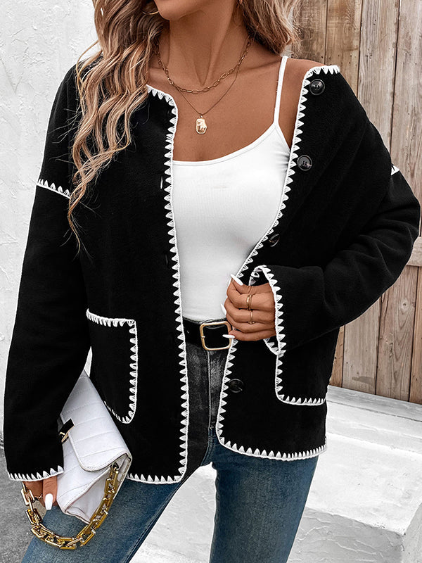 Buttoned Contrast Color Pockets Split-Joint Long Sleeves Loose Round-Neck Cardigan Tops