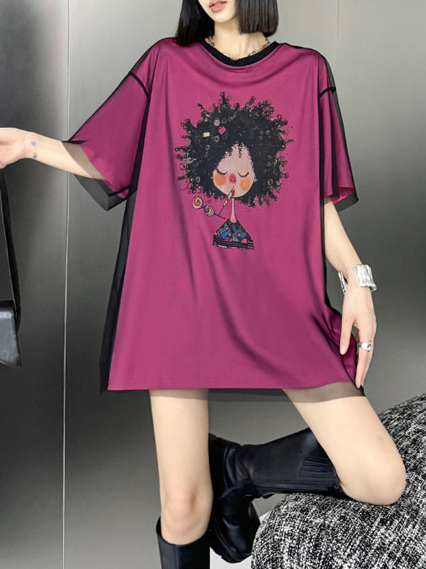 Gauze Printed Split-Joint Tiered False Two Loose Round-Neck T-Shirts Tops