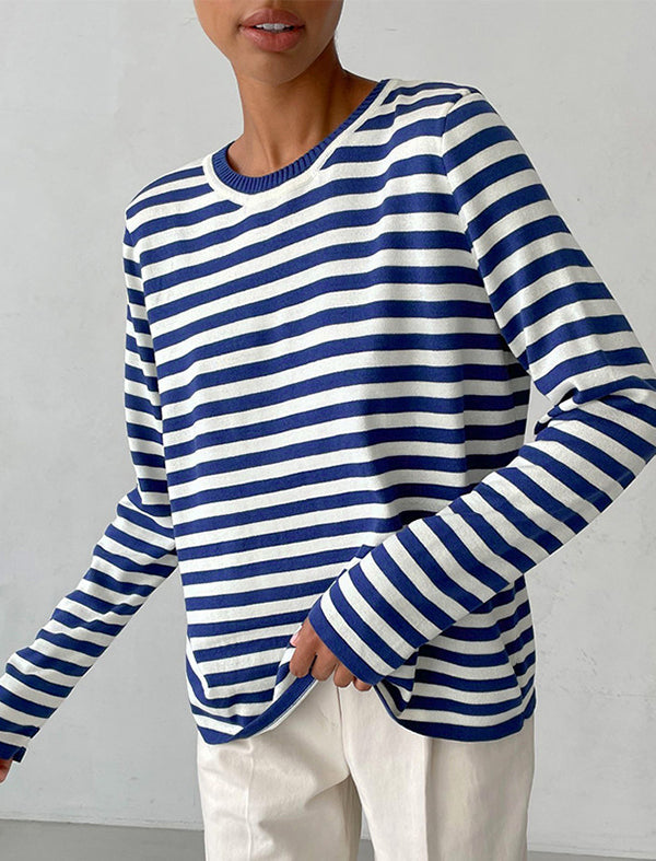 Split-Joint Striped Long Sleeves Loose Round-Neck Sweater Tops