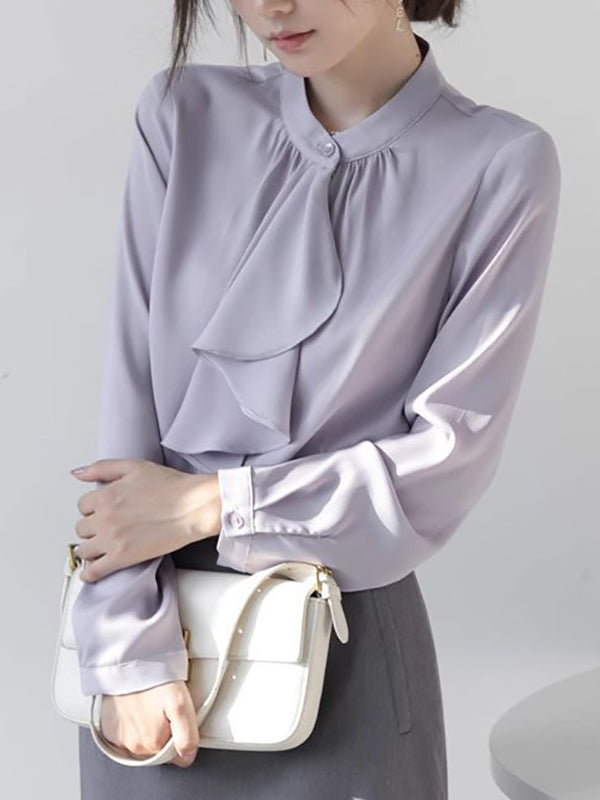 Buttoned Pleated Ribbon Pure Color Long Sleeves Roomy Mock Neck Blouses&Shirts Tops