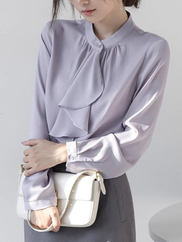 Buttoned Pleated Ribbon Solid Color Long Sleeves Loose Mock Neck Blouses&Shirts Tops