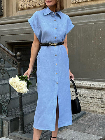 See-Through Split-Joint Tied Waist Loose Raglan Sleeve Lapel Shirt Dress Midi Dresses