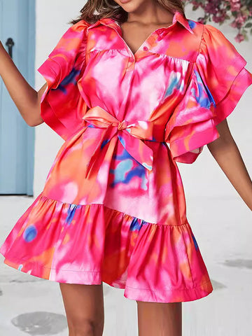 Buttoned Leaves Print Split-Joint Tied Waist Tie-Dyed Loose Ruffle Sleeves Lapel Mini Dresses