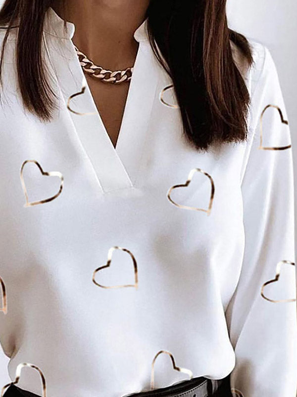 Heart Print Long Sleeves Loose V-Neck Blouses&Shirts Tops