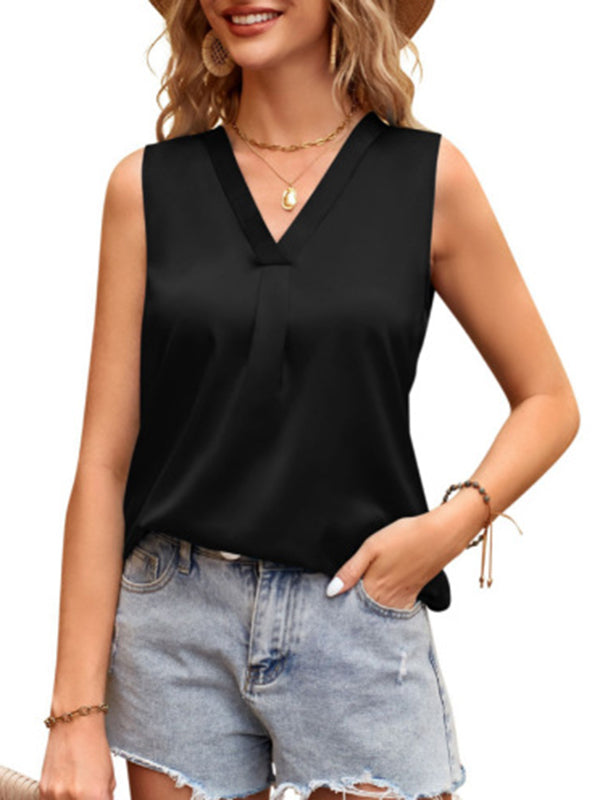 Pleated Solid Color Split-Joint Loose Sleeveless V-Neck Vest Top