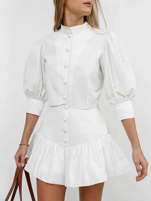 Solid Color Puff Sleeves Split-Joint Stand Collar Blouses + Pleated High Waisted Skirts Two Pieces Set