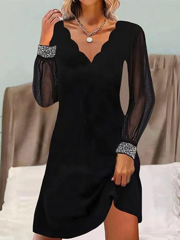 Elasticity See-Through Split-Joint Long Sleeves Loose V-neck Mini Dresses