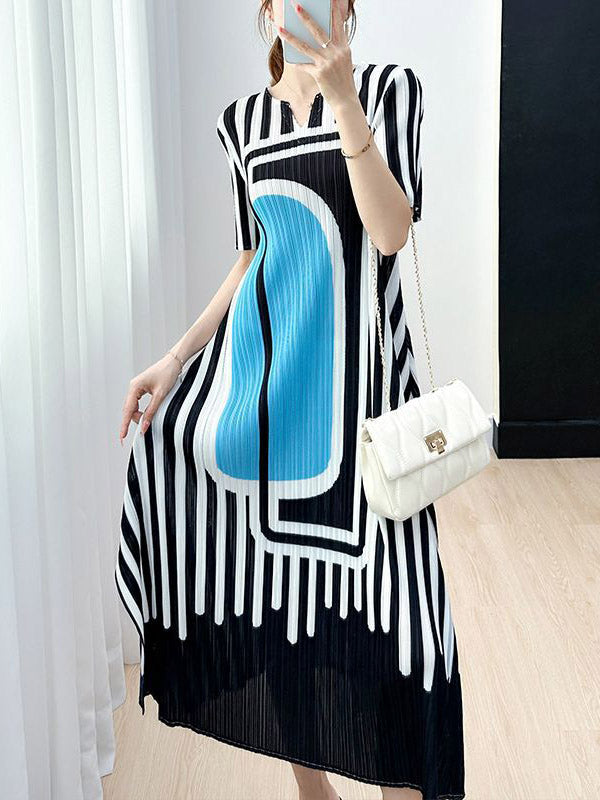 Pleated Printed A-line Loose V-neck Midi Dresses