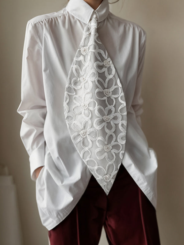 Buttoned Embroidered Pure Color Long Sleeves Roomy Shawl Collar Blouses&Shirts Tops