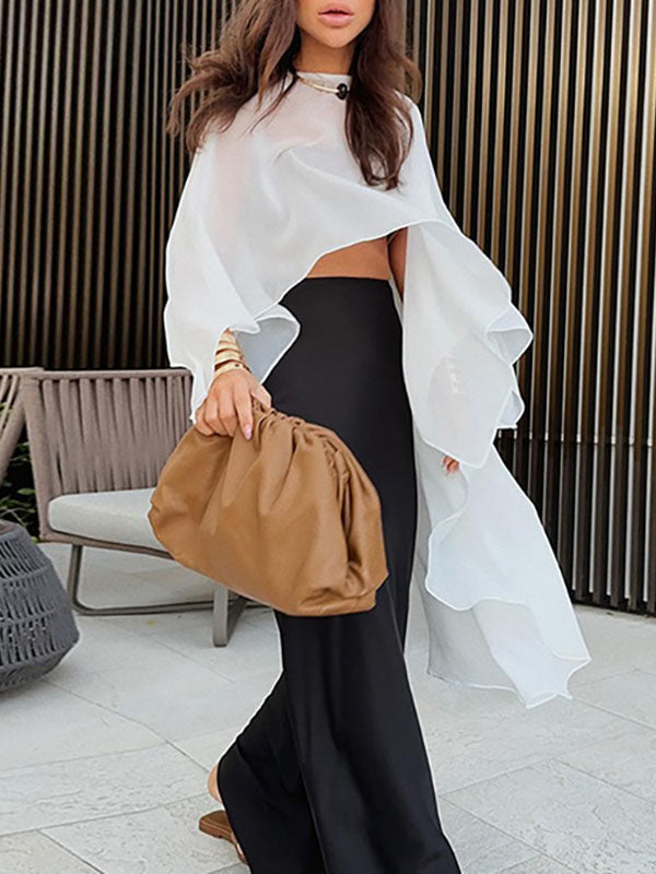 See-Through Solid Color Capelet High-Low Round-Neck Blouses&Shirts Tops